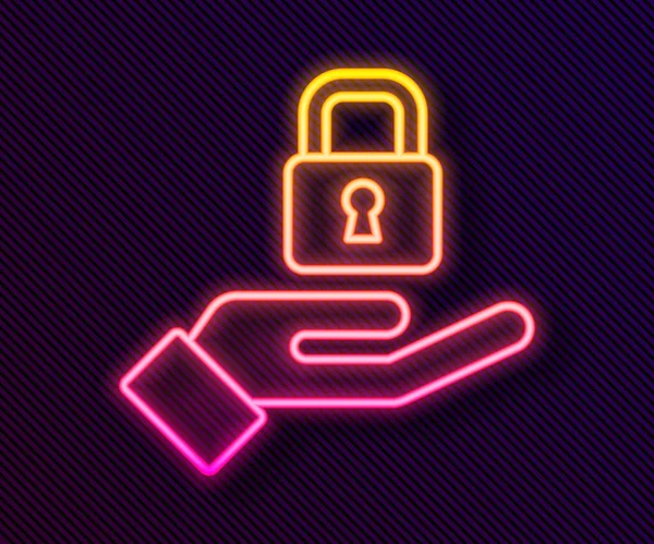 Glödande neon line Lås i handen ikon isolerad på svart bakgrund. Hänglåsskylt. Säkerhet, skydd, integritetskoncept. Vektor — Stock vektor