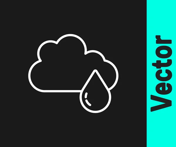 Nube de línea blanca con icono de lluvia aislado sobre fondo negro. precipitación de nubes de lluvia con gotas de lluvia. Vector — Archivo Imágenes Vectoriales