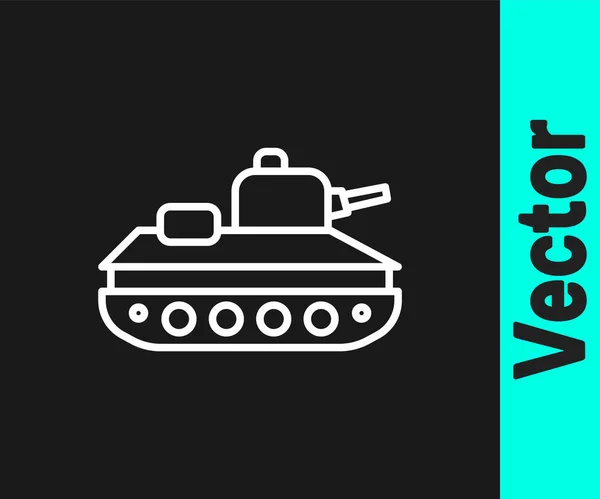 Weiße Linie Militärisches Panzersymbol isoliert auf schwarzem Hintergrund. Vektor — Stockvektor