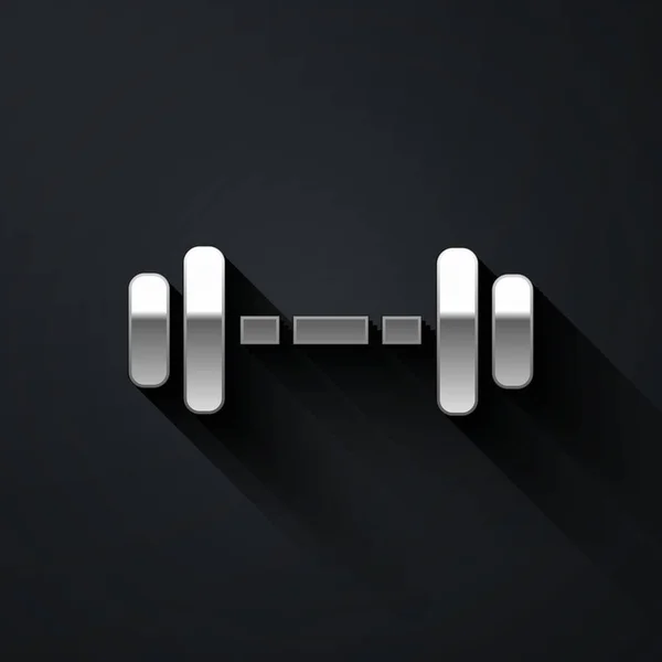 Silver Dumbbell icon isolated on black background. Muscle lifting icon, fitness barbell, gym, sports equipment, exercise bumbbell. Long shadow style. Vector Illustration — Stock Vector