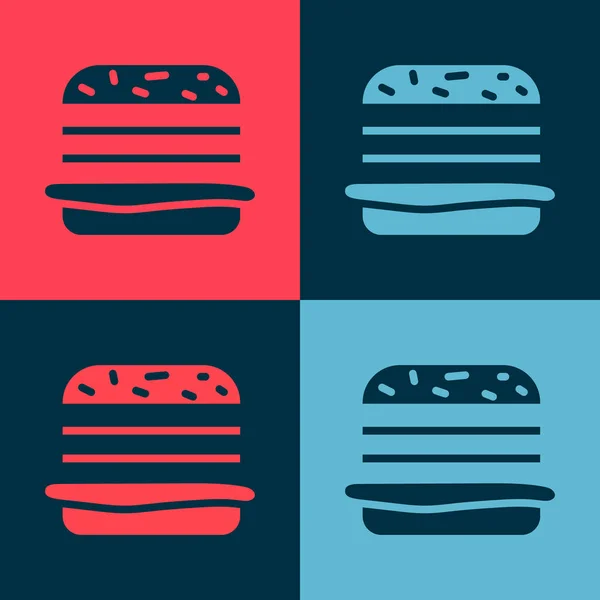 Поп-арт Бургер значок изолирован на цветном фоне. Икона гамбургера. Знак сэндвича с чизбургером. Меню быстрого питания. Векторная миграция — стоковый вектор