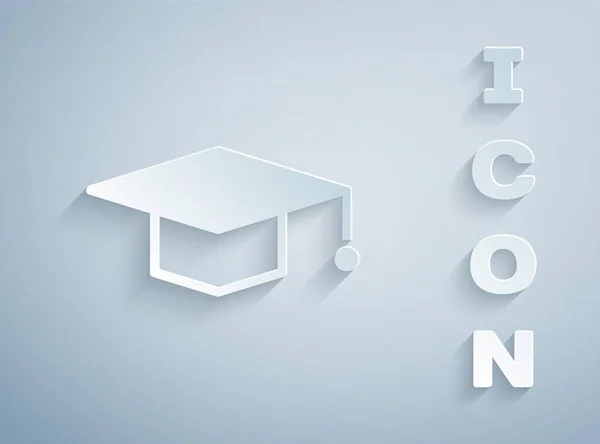 Corte de papel Icono de tapa de graduación aislado sobre fondo gris. Sombrero de graduación con icono de borla. Estilo de arte de papel. Ilustración vectorial — Vector de stock