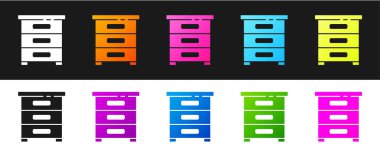 Siyah ve beyaz arkaplanda izole edilmiş belge simgesine sahip Çekmeceyi ayarla. Arşiv çekmecesi. Dosya dolabı çekmecesi. Ofis mobilyası. Vektör İllüstrasyonu