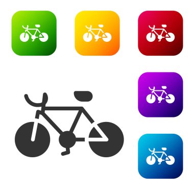 Beyaz arkaplanda siyah bisiklet simgesi izole edildi. Bisiklet yarışı. Olağanüstü bir spor. Spor malzemeleri. Renkli kare düğmelerle simgeleri ayarla. Vektör
