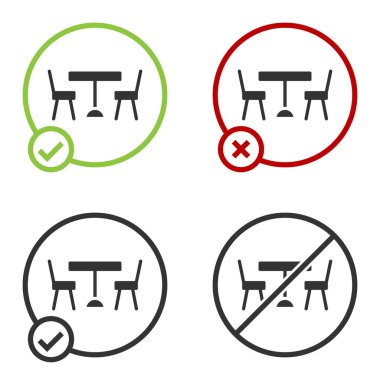 Siyah piknik masası, masa simgesinin her iki tarafında da beyaz arka planda izole sandalyeler var. Çember düğmesi. Vektör