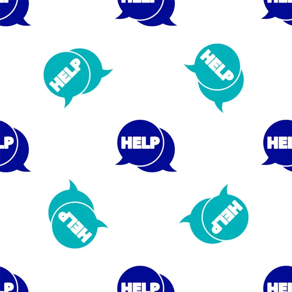Bolha de fala azul com texto Ícone de ajuda isolado padrão sem costura no fundo branco. Ilustração vetorial — Vetor de Stock