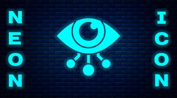 Glödande neon Eye scan ikon isolerad på tegel vägg bakgrund. Skannar ögat. Symbolen för säkerhetskontroll. Cyberögontecken. Vektor — Stock vektor