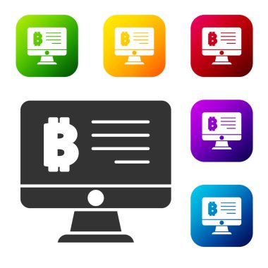 Siyah Madencilik bitcoin beyaz arka planda izole edilmiş monitör simgesinden. Kripto para birimi madenciliği, engelleme zinciri teknoloji servisi. Renkli kare düğmelerle simgeleri ayarla. Vektör