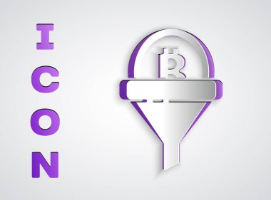 Gri arkaplanda bitcoin simgesi olan kağıt kesiği satış hunisi. Bilgi şablonu. Kağıt sanatı tarzı. Vektör