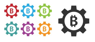 Siyah Kripto para birimi Bitcoin simgesi beyaz arka planda izole edildi. Vites ve Bitcoin ayarı. Engelleme zinciri tabanlı şifreli para birimi. Simgeleri renklendirin. Vektör