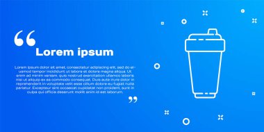 Beyaz çizgi fitness sallama simgesi mavi arkaplanda izole edildi. Su ve protein kokteylleri için kapaklı spor karıştırıcı şişesi. Vektör İllüstrasyonu