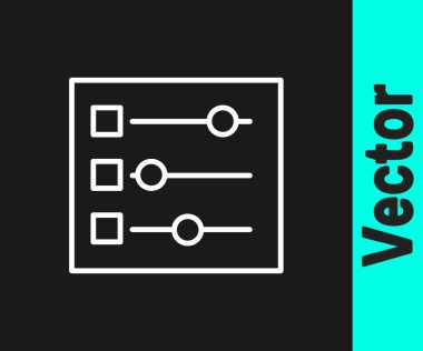 Beyaz çizgi araba ayarları simgesi siyah arkaplanda izole edildi. Otomobil tamircisi. Tamirci oto tamircisi. Bakım tabelası. Vektör İllüstrasyonu