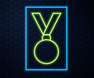 Parlayan neon hat madalyası simgesi tuğla duvar arkasında izole edildi. Kazanan başarı işareti. Ödül madalyası. Vektör İllüstrasyonu