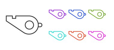 Beyaz arkaplanda siyah çizgi Whistle simgesi izole edildi. Hakem sembolü. Spor ve spor burcu. Simgeleri renklendirin. Vektör İllüstrasyonu