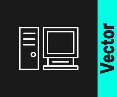 Beyaz çizgi bilgisayar monitörü simgesi siyah arkaplanda izole edildi. Bilgisayar bileşeni işareti. Vektör İllüstrasyonu