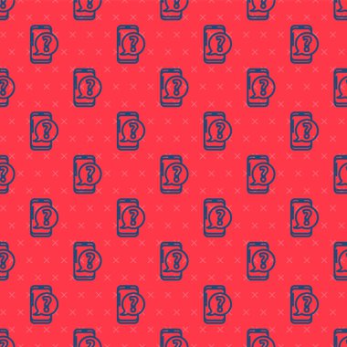 Mavi hat cep telefonu ve soru simgesi kırmızı arka planda izole edilmiş. Vektör İllüstrasyonu