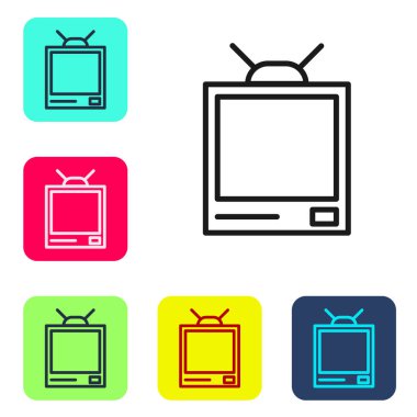 Siyah çizgi Retro TV simgesi beyaz arkaplanda izole edildi. Televizyon tabelası. Renkli kare düğmelerle simgeleri ayarla. Vektör İllüstrasyonu