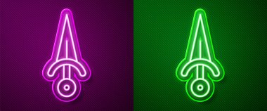 Parlayan neon çizgisi Hançer simgesi mor ve yeşil arkaplanda izole edilmiş. Bıçak ikonu. Keskin bıçaklı kılıç. Vektör