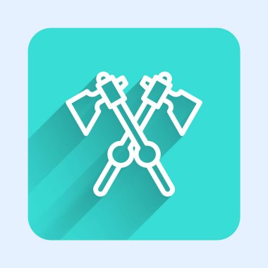 Beyaz çizgi, ortaçağ balta simgesini uzun gölgeli izole etmiş. Savaş baltası, cellat baltası. Ortaçağ silahı. Yeşil kare düğmesi. Vektör