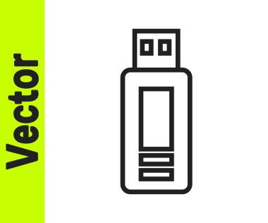 Siyah çizgi USB flash disk simgesi beyaz arkaplanda izole edildi. Vektör