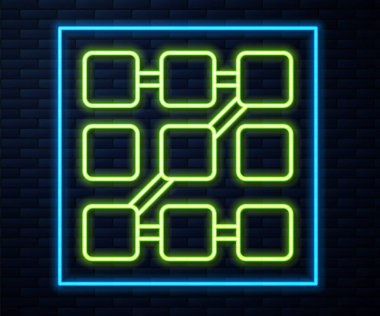 Parlak neon hattı Grafik şifre koruması ve tuğla duvar arka planında izole edilmiş güvenlik erişim simgesi. Güvenlik, güvenlik, koruma, gizlilik kavramı. Vektör