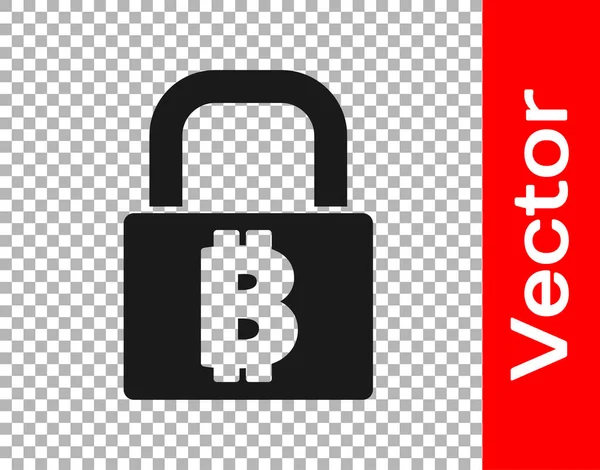 Bloqueio preto com ícone bitcoin isolado em fundo transparente. Mineração de criptomoeda, tecnologia blockchain, segurança, proteger, dinheiro digital. Vetor — Vetor de Stock