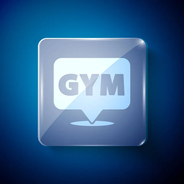 Icono de gimnasio White Location aislado sobre fondo azul. Paneles cuadrados de vidrio. Vector — Vector de stock