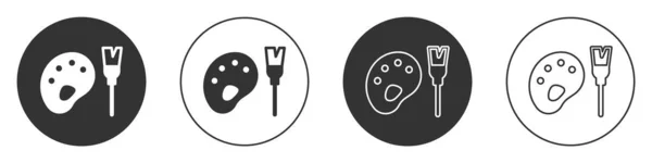 Schwarzer Pinsel mit Palettensymbol auf weißem Hintergrund. Kreis-Taste. Vektor — Stockvektor