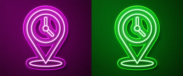 Glowing neon line Location with clock icon isolated on purple and green background. Vector Illustration — Stock Vector