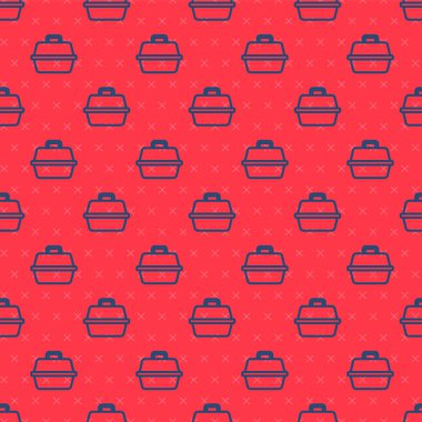 Mavi çizgi evcil hayvan kutusu simgesi kırmızı arkaplanda izole edilmiş. Hayvanlar, köpekler ve kediler için taşıyıcı. Hayvanlar için konteynır. Hayvan taşıma kutusu. Vektör