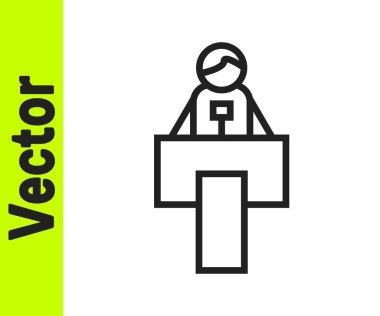 Siyah çizgi sahne standı ya da beyaz arkaplanda izole edilmiş podyum kürsü ikonu. Konferans konuşma tribünü. Vektör