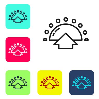 Siyah çizgi gündoğumu simgesi beyaz arkaplanda izole edildi. Renkli kare düğmelerle simgeleri ayarla. Vektör