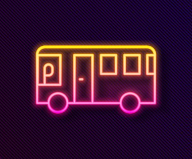 Parlayan neon hattı otobüs simgesi siyah arkaplanda izole edildi. Ulaşım konsepti. Otobüs turu tabelası. Turizm ya da kamu aracı sembolü. Vektör