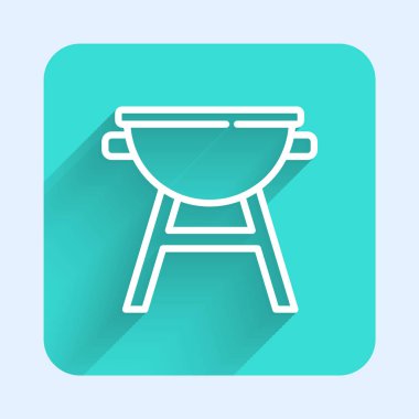 Beyaz çizgi ızgara ikonu uzun gölgeli izole edilmiş. Barbekü ızgara partisi. Yeşil kare düğmesi. Vektör