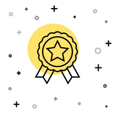 Beyaz zemin üzerinde yıldız simgesi olan siyah çizgi madalyası. Kazanan başarı işareti. Ödül madalyası. Rastgele dinamik şekiller. Vektör