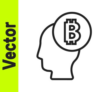 Siyah çizgi Bitcoin beyaz arkaplanda izole edilmiş bir simge olduğunu düşünüyor. Kripto para birimi başı. Engelleme teknolojisi, dijital para piyasası, şifreli para cüzdanı. Vektör