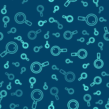 Yeşil çizgi büyüteç ikonu mavi arka planda izole edilmiş kusursuz desen. Arama, odaklanma, yakınlaştırma, iş sembolü. Vektör