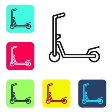 Beyaz arka planda izole edilmiş çocuk simgesi için siyah çizgili paten scooter. Motoru tekmele ya da dengeli sür. Renkli kare düğmelerle simgeleri ayarla. Vektör