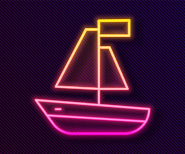 Parlayan neon hattı oyuncak tekne simgesi siyah arkaplanda izole edildi. Vektör