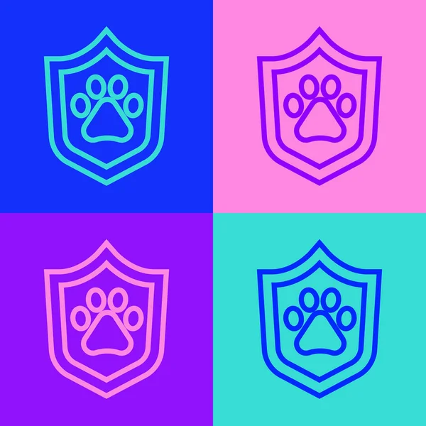 Pop art line Icono de seguro de salud animal aislado sobre fondo de color. Concepto de protección de mascotas. Huella de pata de perro o gato. Vector — Archivo Imágenes Vectoriales