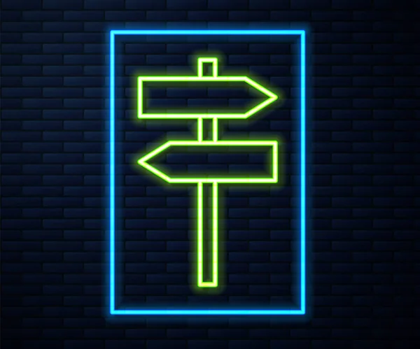 Gloeiende neon lijn Verkeerstekens. Wegwijzer pictogram geïsoleerd op baksteen muur achtergrond. Pointer symbool. Straat informatiebord. Richting bord. Vector — Stockvector