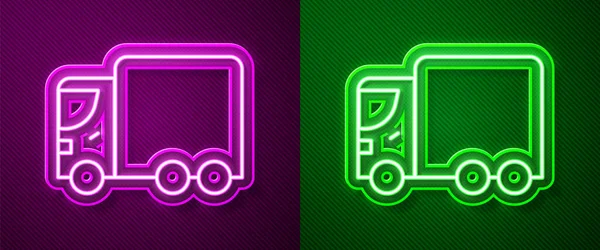 Светящийся неоновая линия Доставка грузовой автомобиль значок транспортного средства изолированы на фиолетовый и зеленый фон. Вектор — стоковый вектор