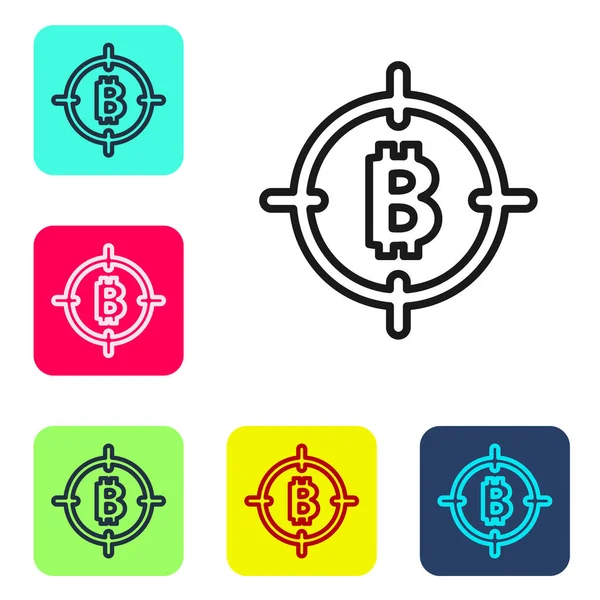 Hedef simgedeki siyah çizgi Bitcoin beyaz arkaplanda izole edildi. Yatırım hedef simgesi. Renkli kare düğmelerle simgeleri ayarla. Vektör
