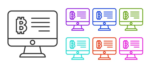 Black line Mining Bitcoin von Monitor-Symbol isoliert auf weißem Hintergrund. Kryptowährungsbergbau, Blockchain-Technologie-Service. Setzen Sie Symbole bunt. Vektor — Stockvektor