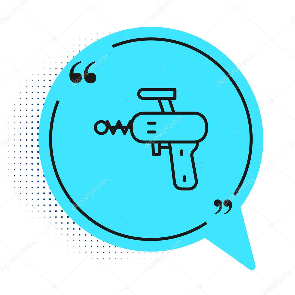 Black line Ray gun icon isolated on white background. Laser weapon. Space blaster. Blue speech bubble symbol. Vector