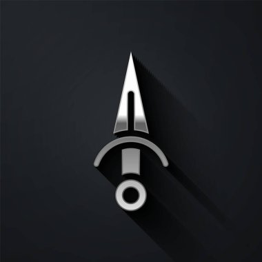 Gümüş Hançer simgesi siyah arka planda izole edildi. Bıçak ikonu. Keskin bıçaklı kılıç. Uzun gölge tarzı. Vektör.