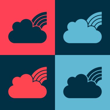 Renk arkaplanında bulutlu gökkuşağı ikonu olan pop sanatı. Vektör.