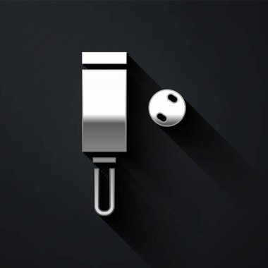 Gümüş Ahşap kriket sopası ve top ikonu siyah arka planda izole edilmiş. Uzun gölge tarzı. Vektör.