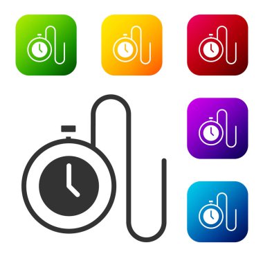 Beyaz arka planda izole edilmiş bir simge zinciri olan Siyah Saat. Renkli kare düğmelerle simgeleri ayarla. Vektör.