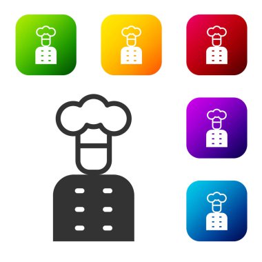 Siyah İtalyan aşçı ikonu beyaz arka planda izole edilmiş. Renkli kare düğmelerle simgeleri ayarla. Vektör.